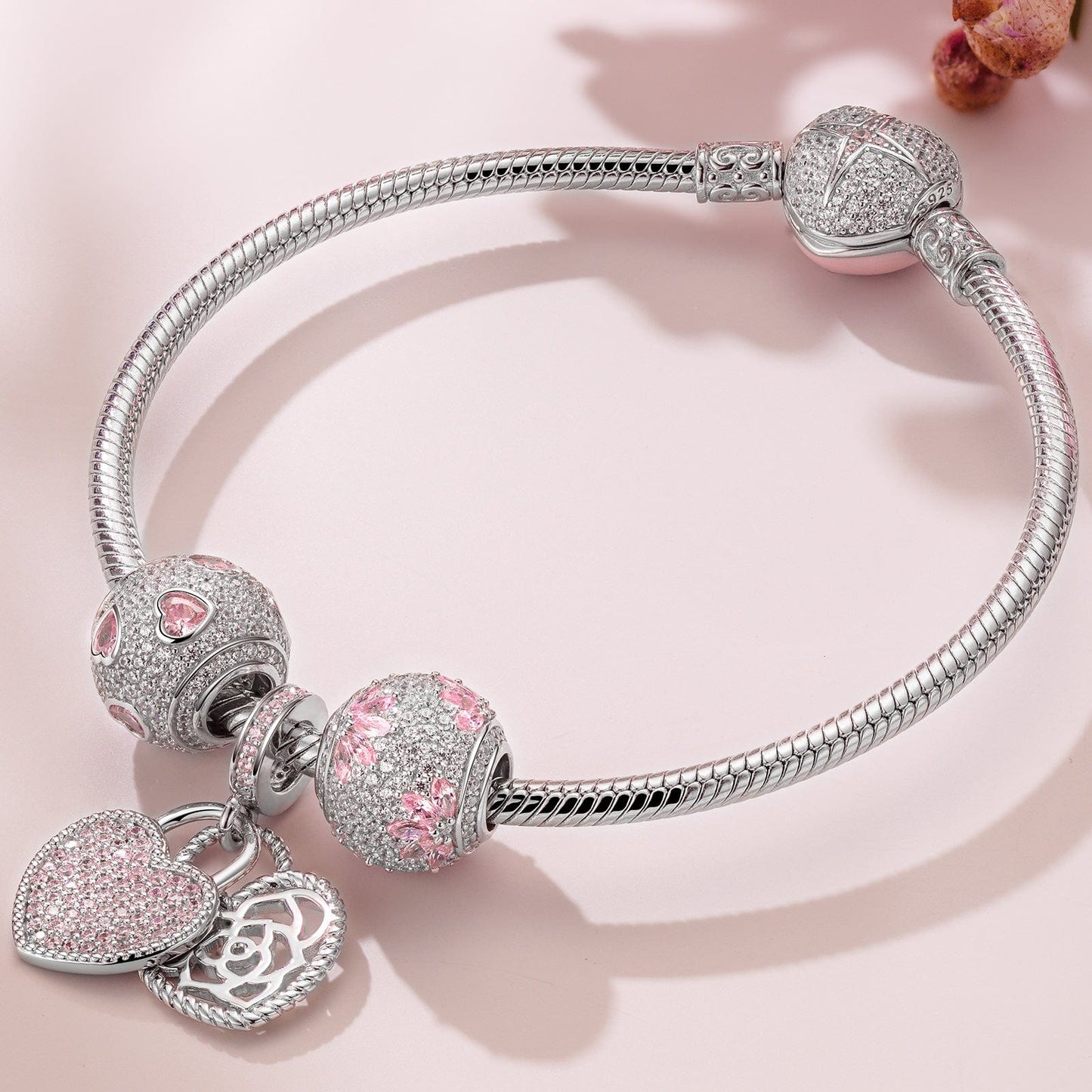 Sterling Silver Secretly Love Charms Bracelet Set With Enamel In White Gold Plated (Includes bracelet and all charms shown)