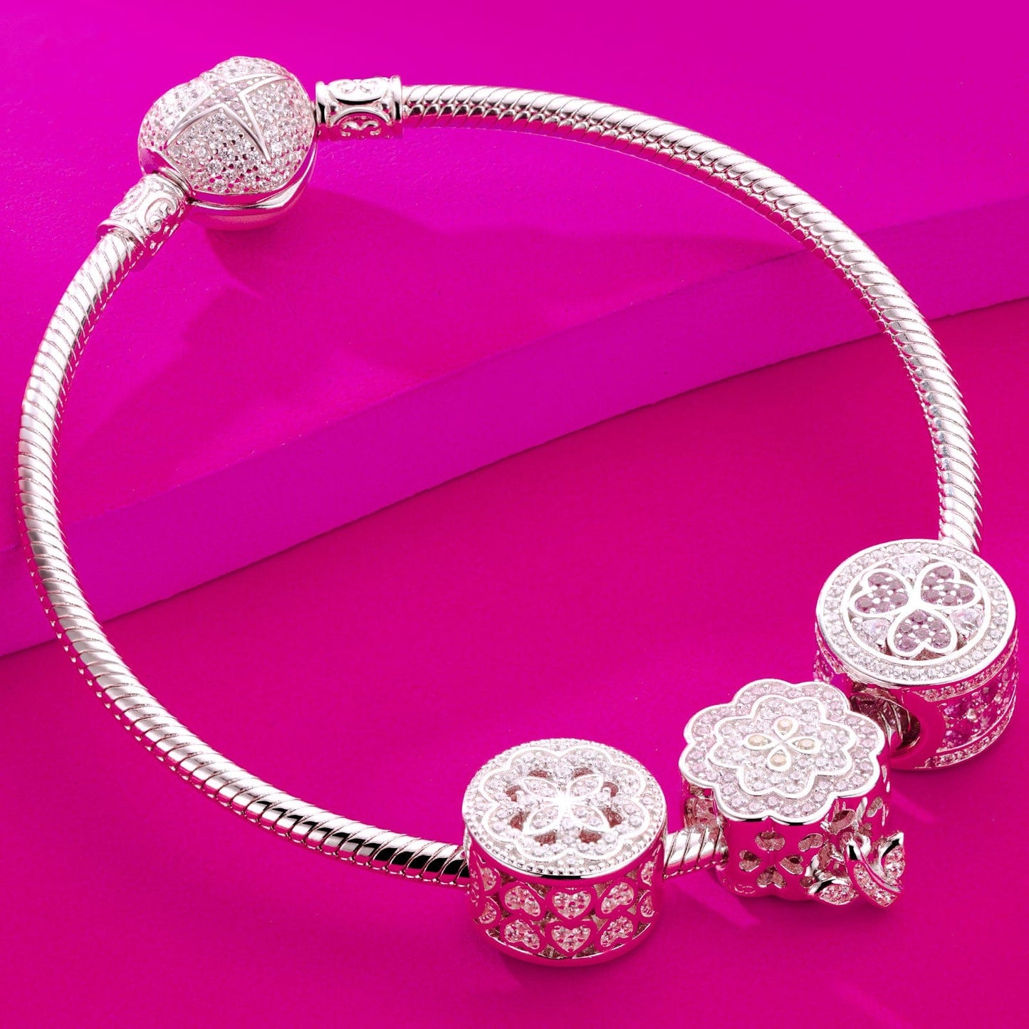 Sterling Silver Pink Flowers Charms Bracelet Set With Enamel In White Gold Plated