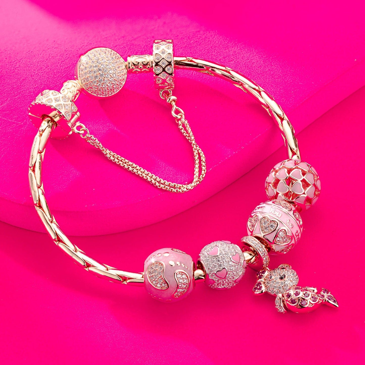 Sterling Silver Fantasy Island Charms Bracelet Set With Enamel In Rose Gold Plated (Includes bracelet and all charms shown)