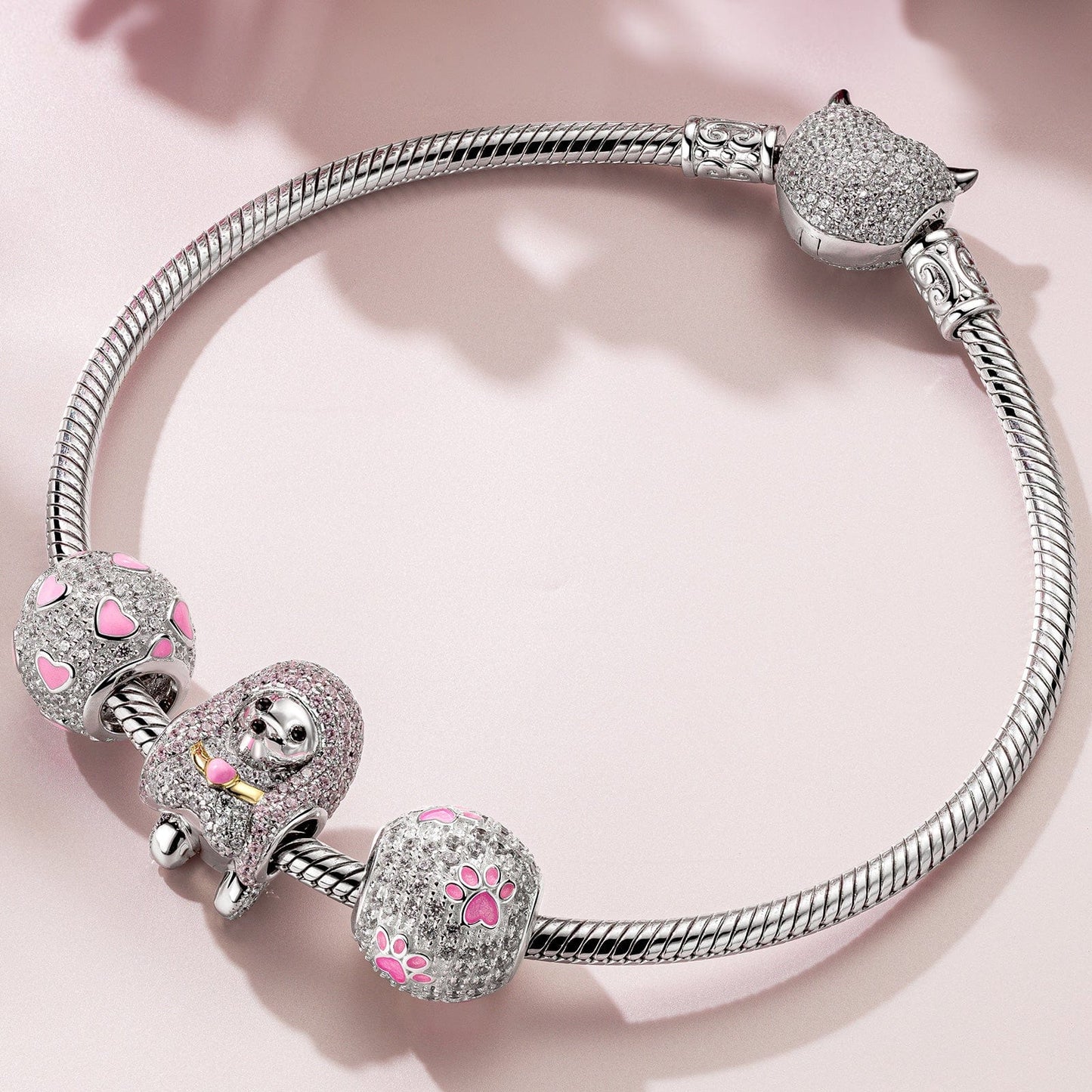 Sterling Silver Cute Poodle Charms Bracelet Set With Enamel In White Gold Plated