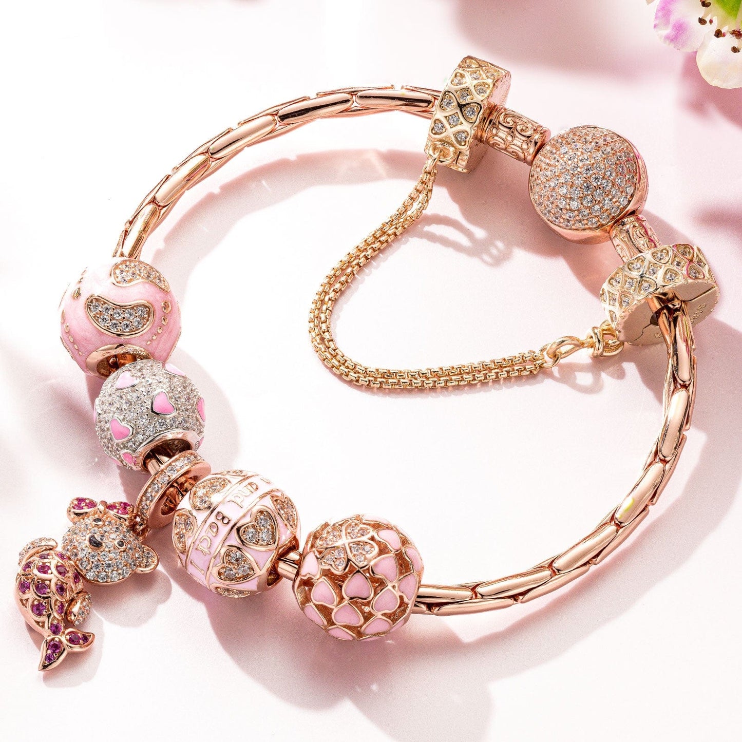Sterling Silver Fantasy Island Charms Bracelet Set With Enamel In Rose Gold Plated