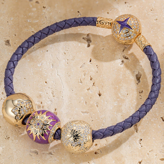gon- Blooming Mulberry Purple Tarnish-resistant Silver Charms Bracelet Set With Enamel In 14K Gold Plated