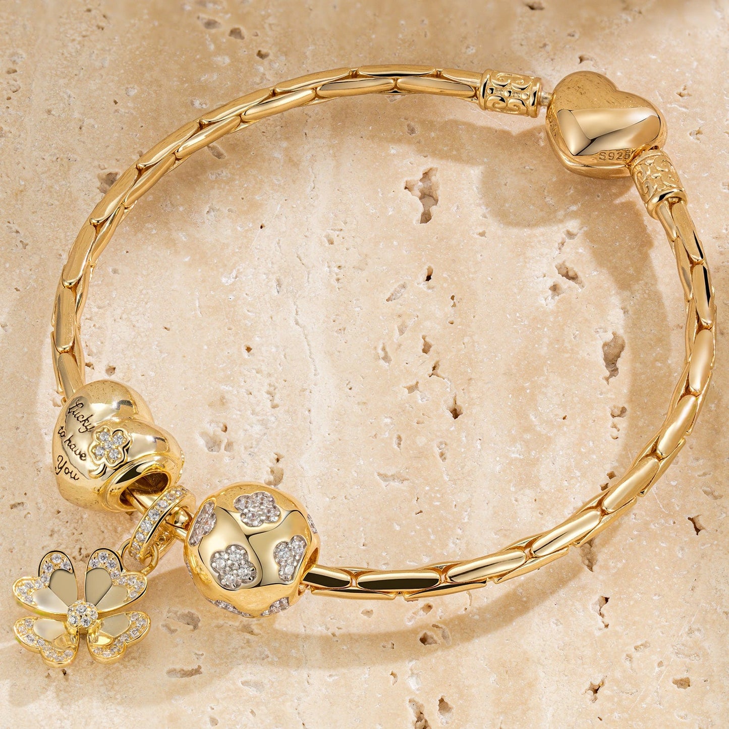 Sterling Silver Lucky Clover Charms Bracelet Set In 14K Gold Plated (Includes bracelet and all charms shown)