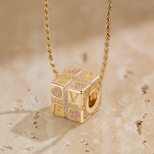 gon- Sterling Silver Love Cube Necklace Set In 14K Gold Plated