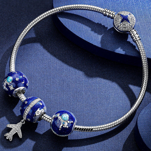 gona- Sterling Silver Interstellar Travel Snake Chain Charms Bracelet Set With Enamel In White Gold Plated (Includes bracelet and all charms shown)
