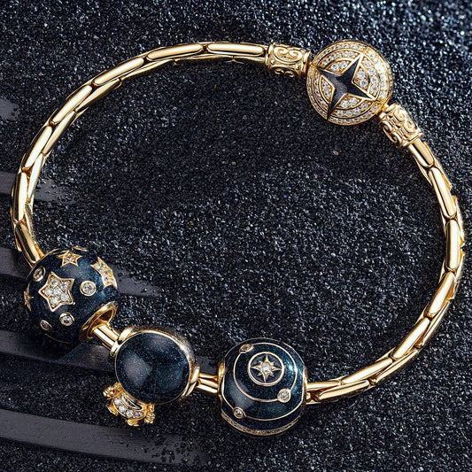 gona- Sterling Silver Astronauts and Galaxies Bamboo Chain Charms Bracelet Set With Enamel In 14K Gold Plated (Includes bracelet and all charms shown)
