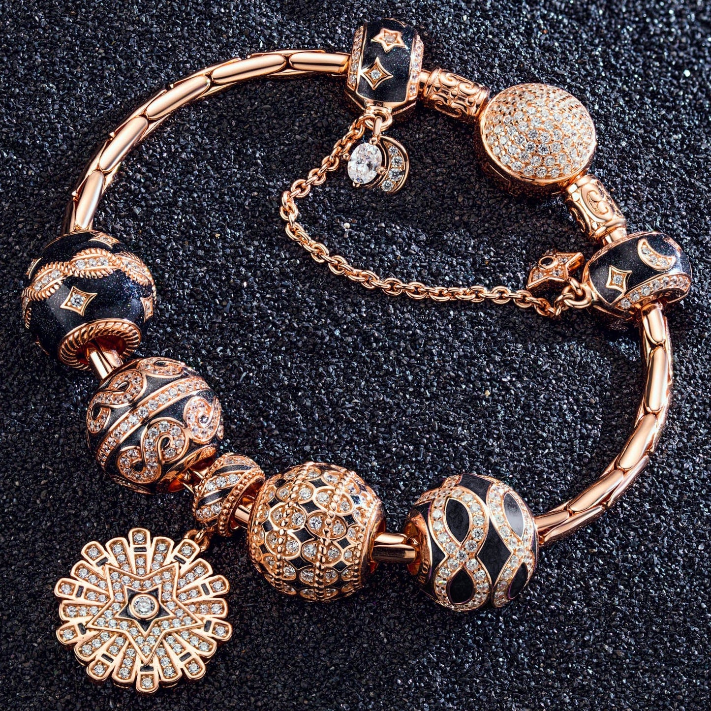 Sterling Silver Infinite Interstellar Bamboo Chain Charms Bracelet Set With Enamel In Rose Gold Plated (Includes bracelet and all charms shown)