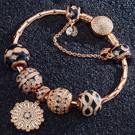 gona- Sterling Silver Infinite Interstellar Bamboo Chain Charms Bracelet Set With Enamel In Rose Gold Plated (Includes bracelet and all charms shown)