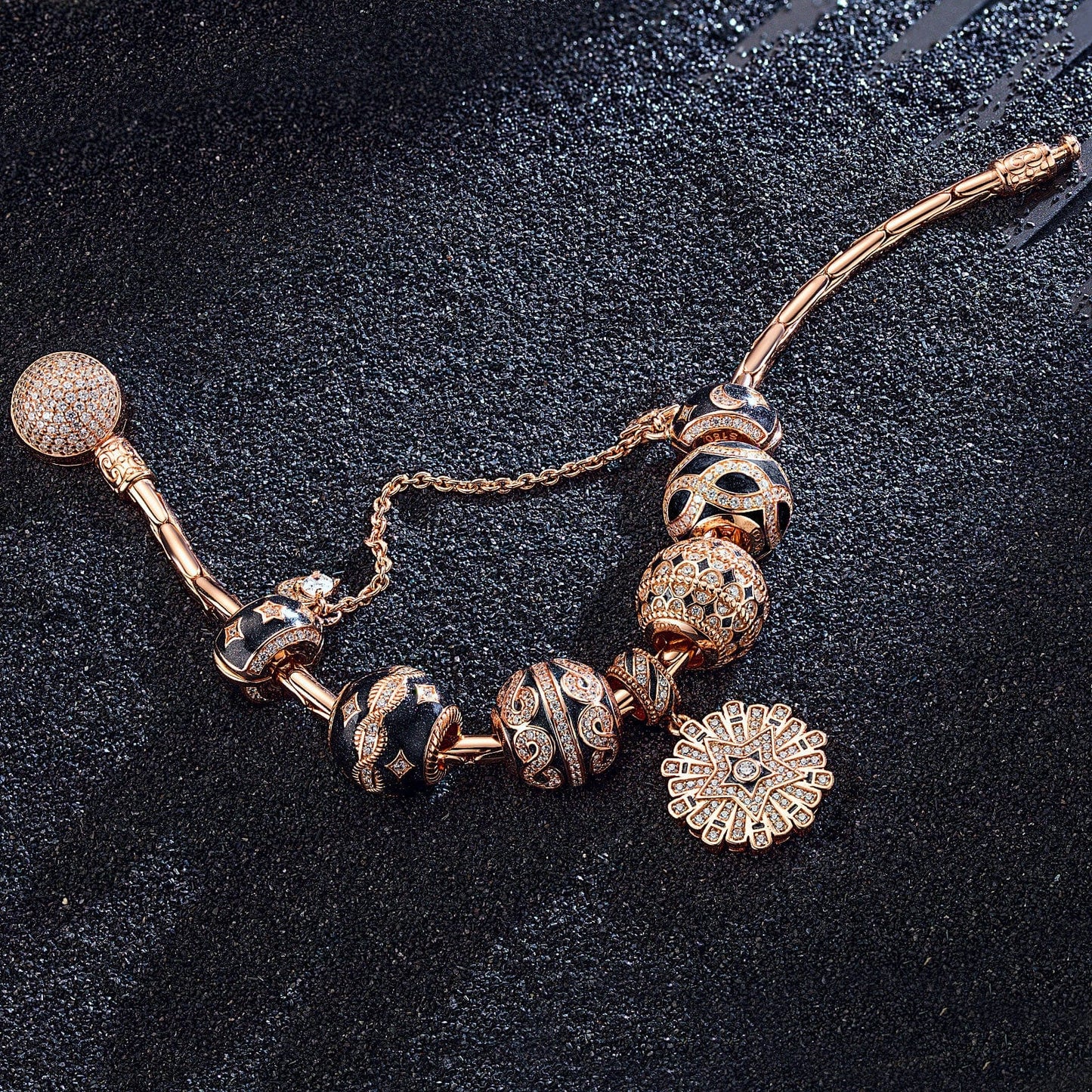 Sterling Silver Infinite Interstellar Bamboo Chain Charms Bracelet Set With Enamel In Rose Gold Plated (Includes bracelet and all charms shown)
