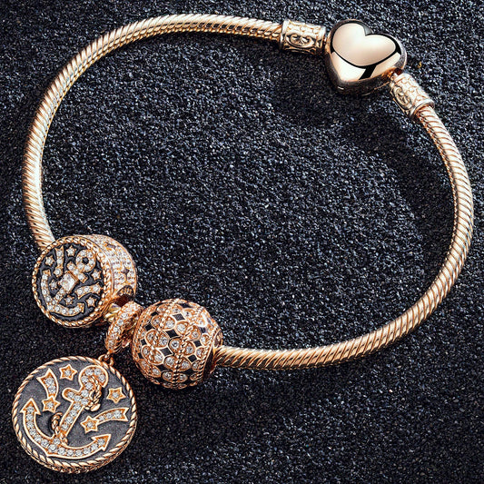 gona- Stars of the Voyage Tarnish-resistant Silver Snake Chain Charms Bracelet Set With Enamel In Rose Gold Plated (Includes bracelet and all charms shown)