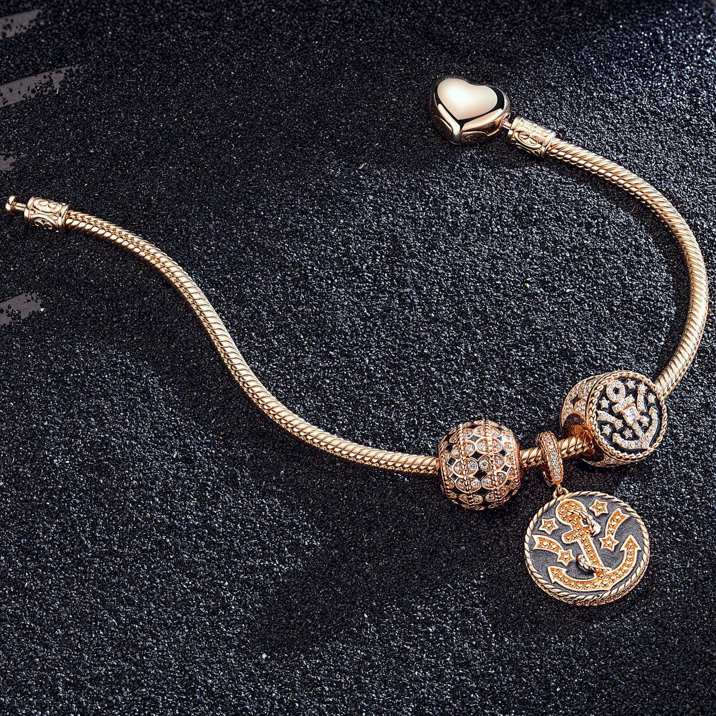 Stars of the Voyage Tarnish-resistant Silver Snake Chain Charms Bracelet Set With Enamel In Rose Gold Plated (Includes bracelet and all charms shown)