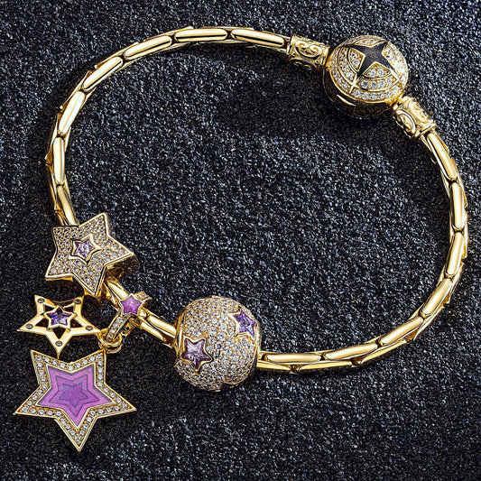 gon- Sterling Silver Purple Star Charms Bracelet Set With Enamel In 14K Gold Plated