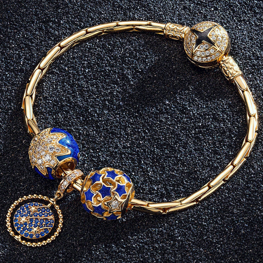 gona- Sterling Silver Blue Starry Night Charms Bracelet Set With Enamel In 14K Gold Plated (Includes bracelet and all charms shown)