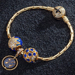 Sterling Silver Blue Starry Night Charms Bracelet Set With Enamel In 14K Gold Plated