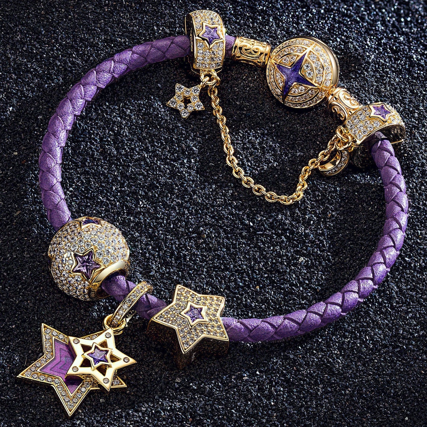 Purple Star Tarnish-resistant Silver Charms Bracelet Set With Enamel In 14K Gold Plated (Includes bracelet and all charms shown)