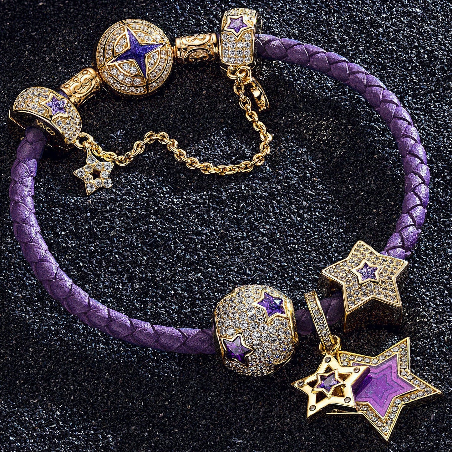 Purple Star Tarnish-resistant Silver Charms Bracelet Set With Enamel In 14K Gold Plated