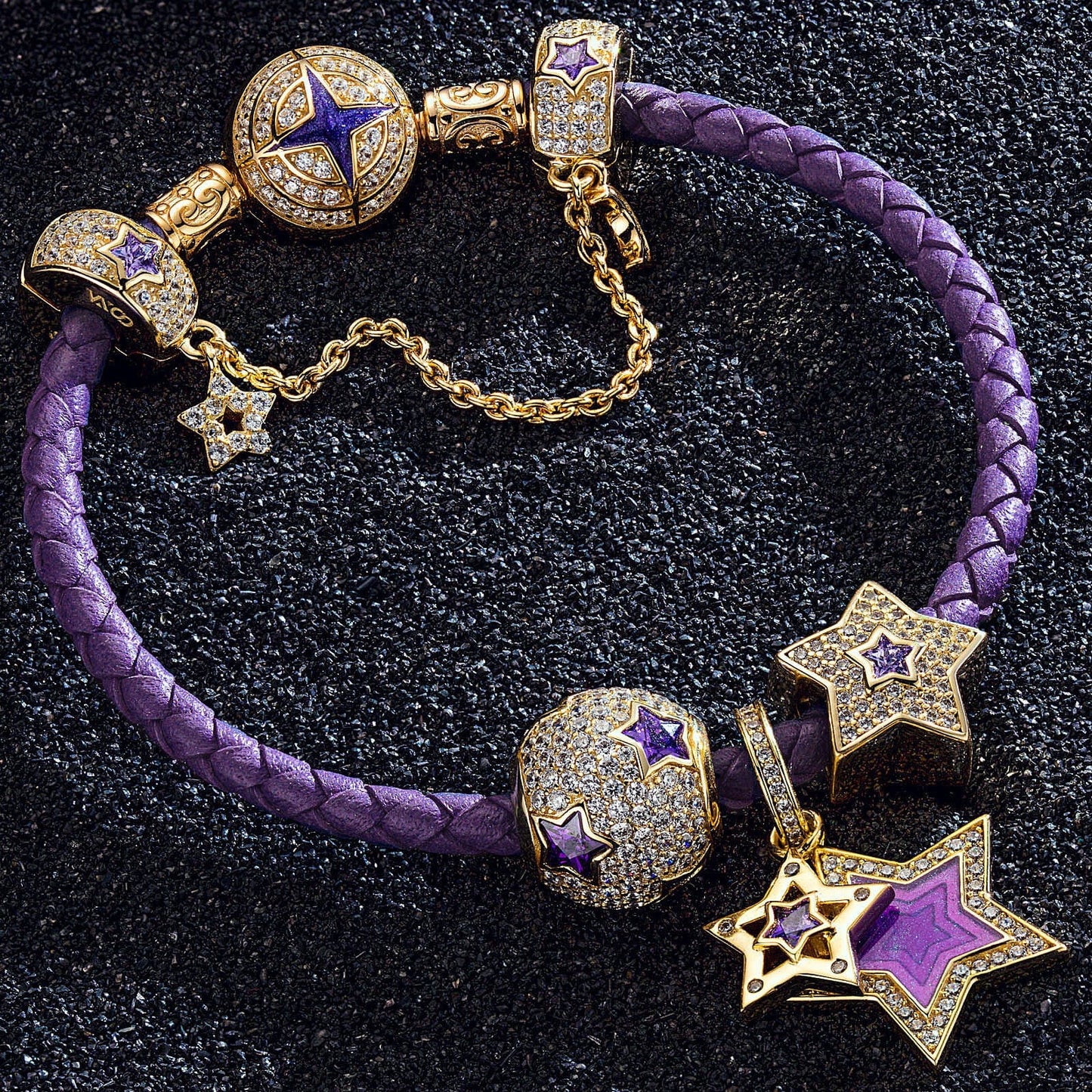 Purple Star Tarnish-resistant Silver Charms Bracelet Set With Enamel In 14K Gold Plated (Includes bracelet and all charms shown)