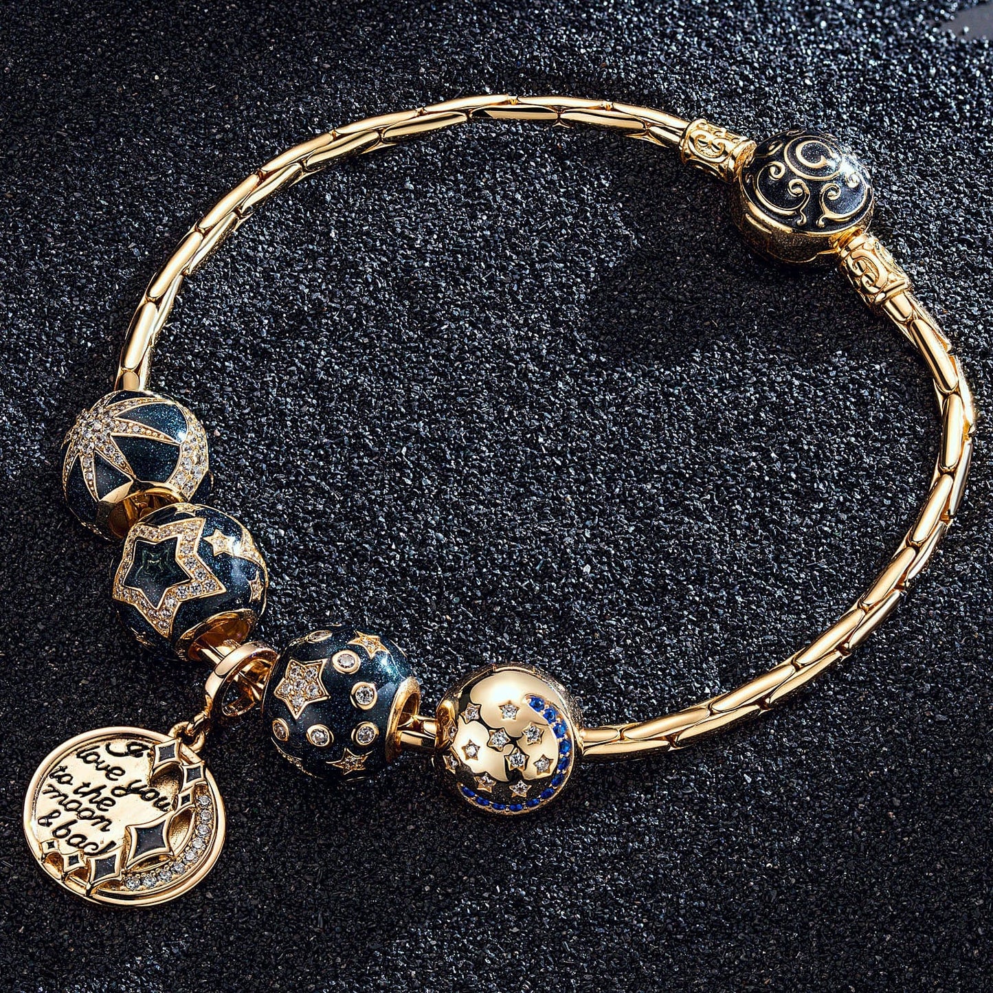 Sterling Silver Starry Night Charms Bracelet Set With Enamel In 14K Gold Plated (Includes bracelet and all charms shown)