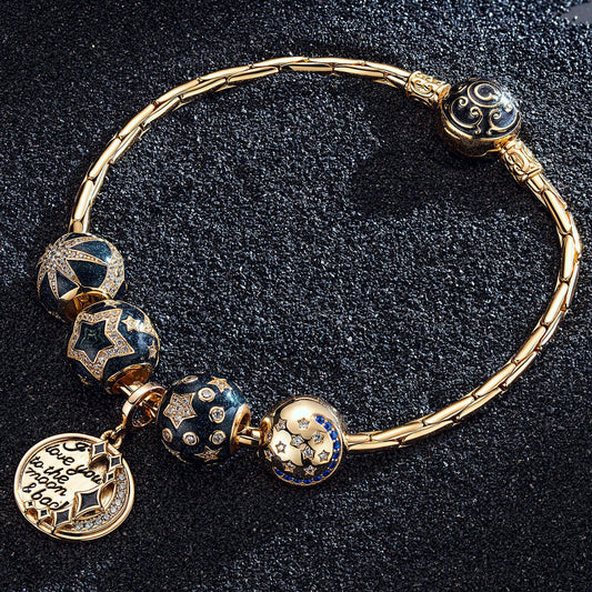 gona- Sterling Silver Starry Night Charms Bracelet Set With Enamel In 14K Gold Plated (Includes bracelet and all charms shown)