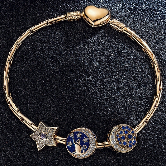 gon- Sterling Silver Cat and the Stars Bamboo Chain Charms Bracelet Set With Enamel In 14K Gold Plated
