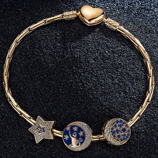 gon- Sterling Silver Cat and the Stars Bamboo Chain Charms Bracelet Set With Enamel In 14K Gold Plated (Includes bracelet and all charms shown)