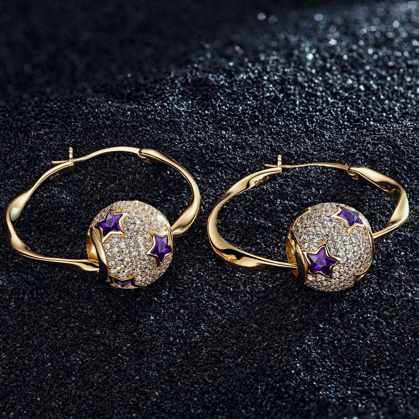 Sterling Silver Purple Starry Earrings In 14K Gold Plated