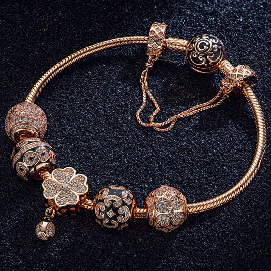 gona- Lucky Four-Leaf Clover Tarnish-resistant Silver Charms Bracelet Set With Enamel In Rose Gold Plated (Includes bracelet and all charms shown)