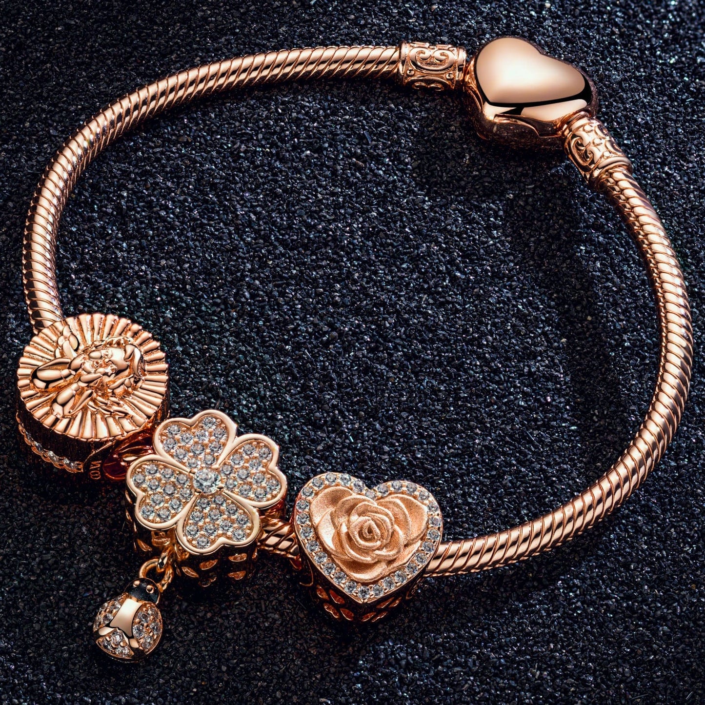 Smiling Flower Tarnish-resistant Silver Charms Bracelet Set In Rose Gold Plated (Includes bracelet and all charms shown)