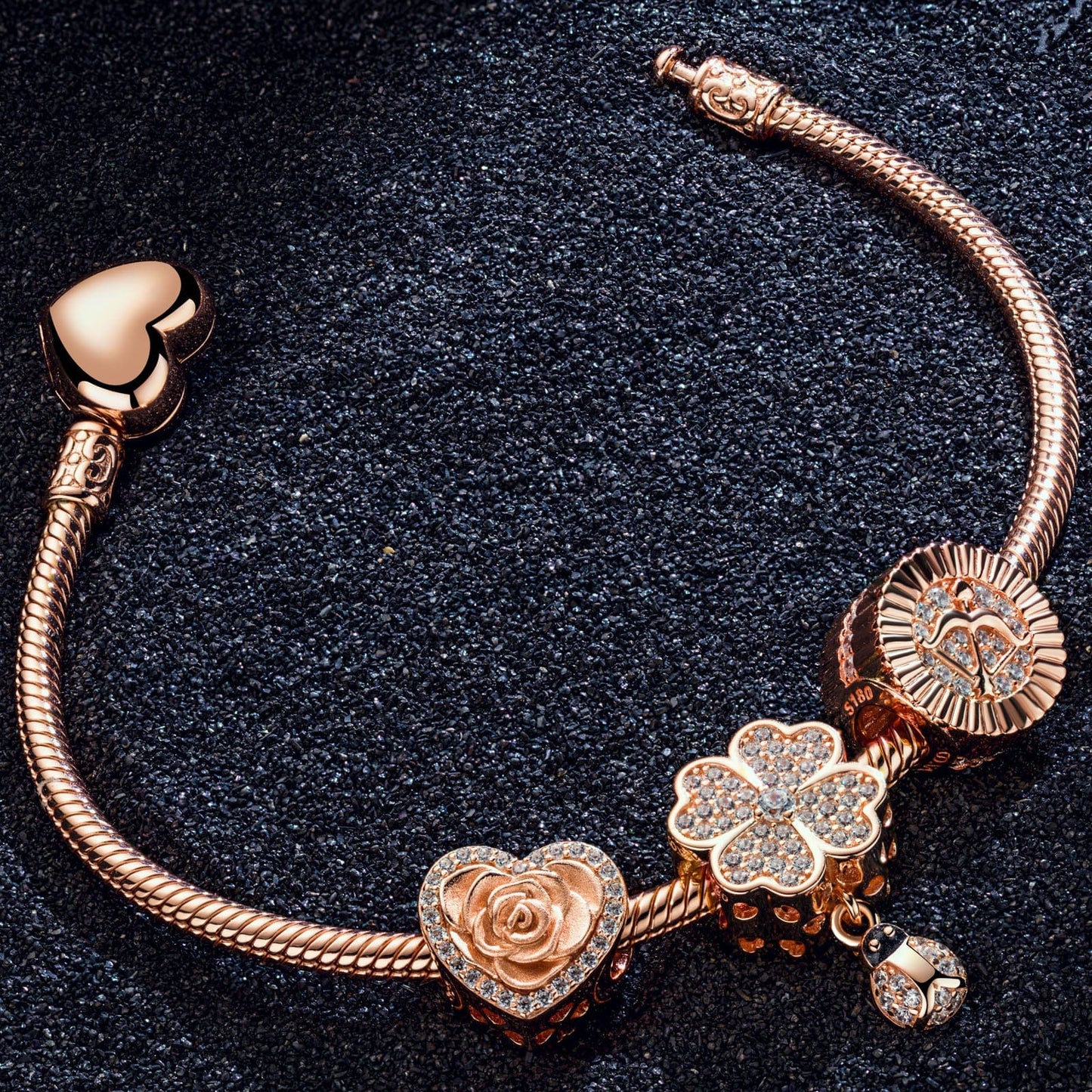 Smiling Flower Tarnish-resistant Silver Charms Bracelet Set In Rose Gold Plated (Includes bracelet and all charms shown)