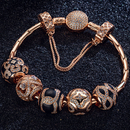gona- Sterling Silver Hug My Shining Bamboo Chain Charms Bracelet Set With Enamel In Rose Gold Plated (Includes bracelet and all charms shown)
