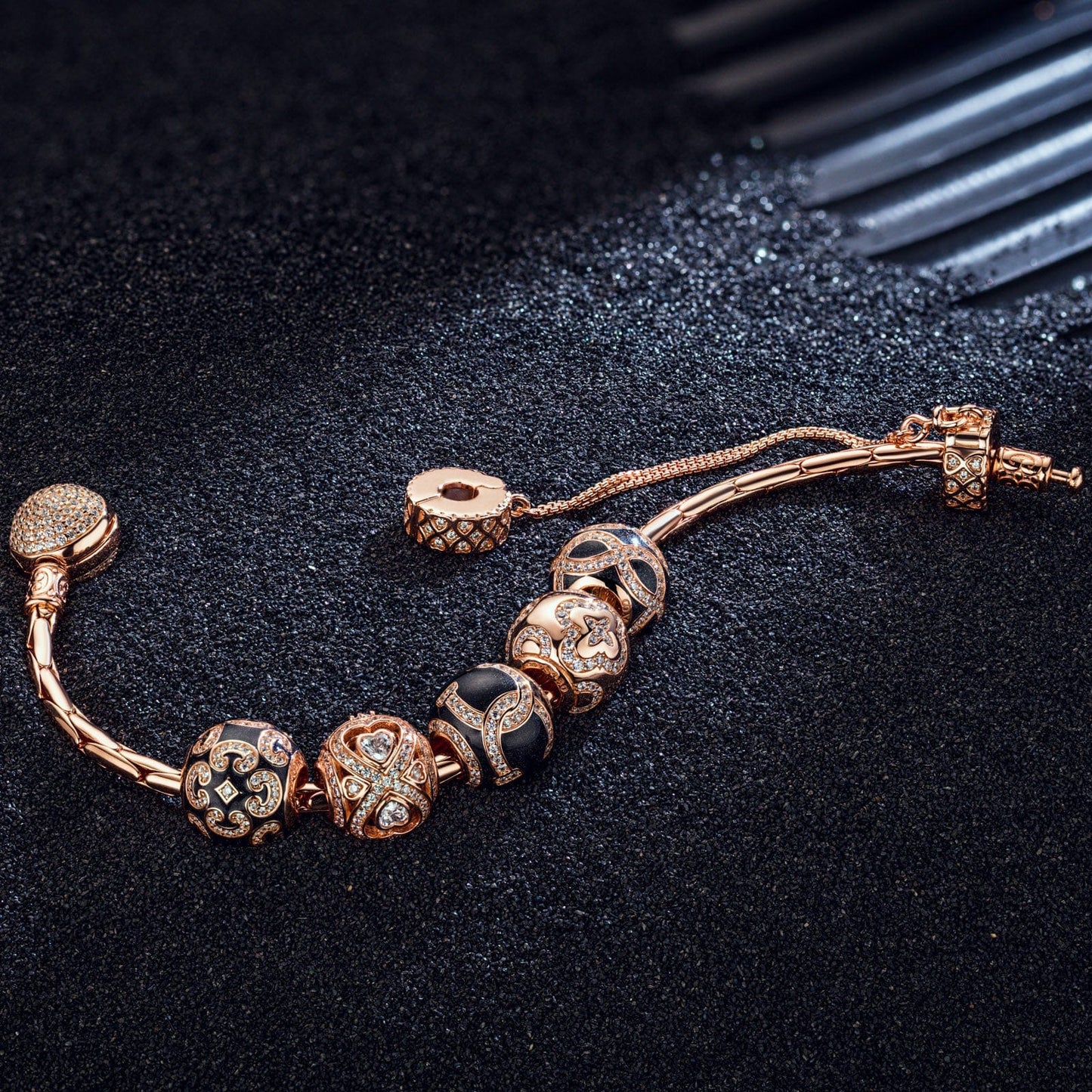 Sterling Silver Hug My Shinning Bamboo Chain Charms Bracelet Set With Enamel In Rose Gold Plated