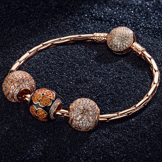 gon- Sterling Silver Shinning Four-Leaf Clover Bamboo Chain Charms Bracelet Set With Enamel In Rose Gold Plated (Includes bracelet and all charms shown)