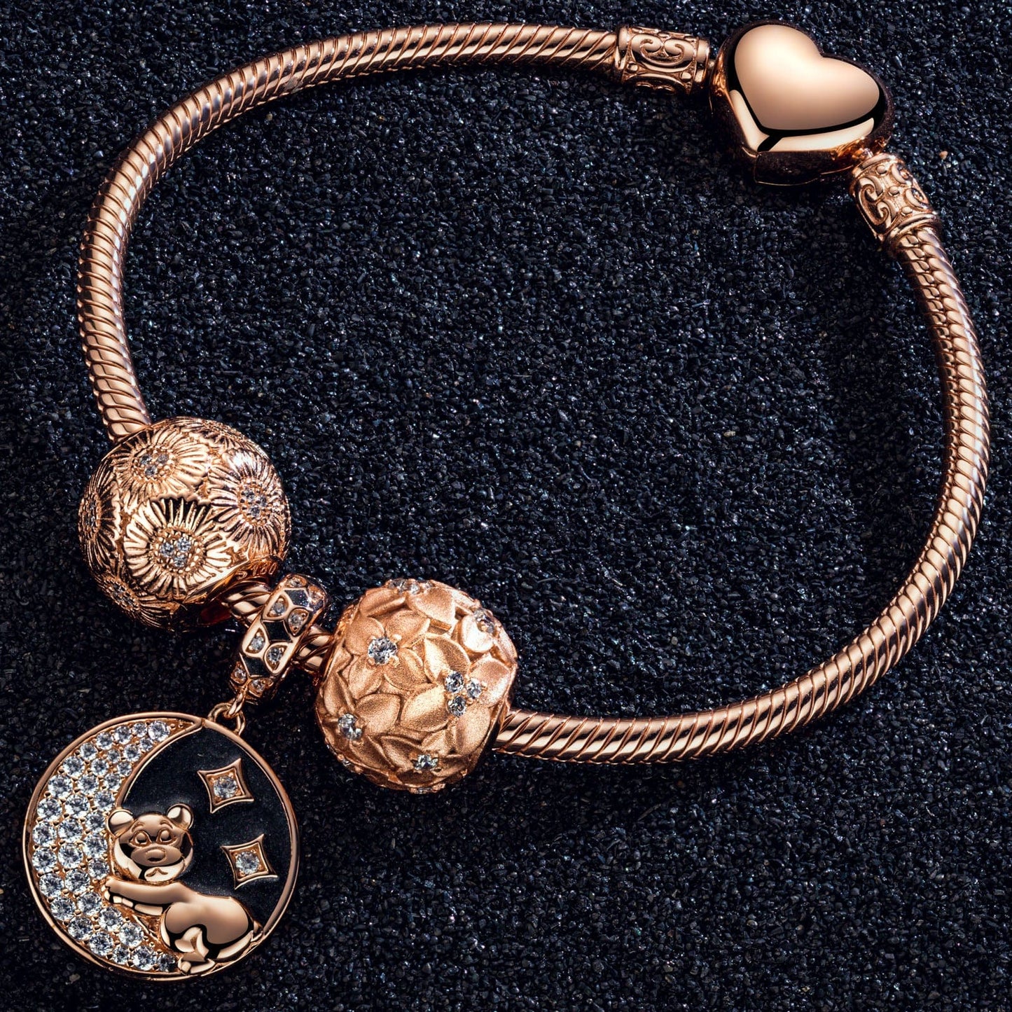 Good Night Little Bear Tarnish-resistant Silver Charms Bracelet Set With Enamel In Rose Gold Plated (Includes bracelet and all charms shown)