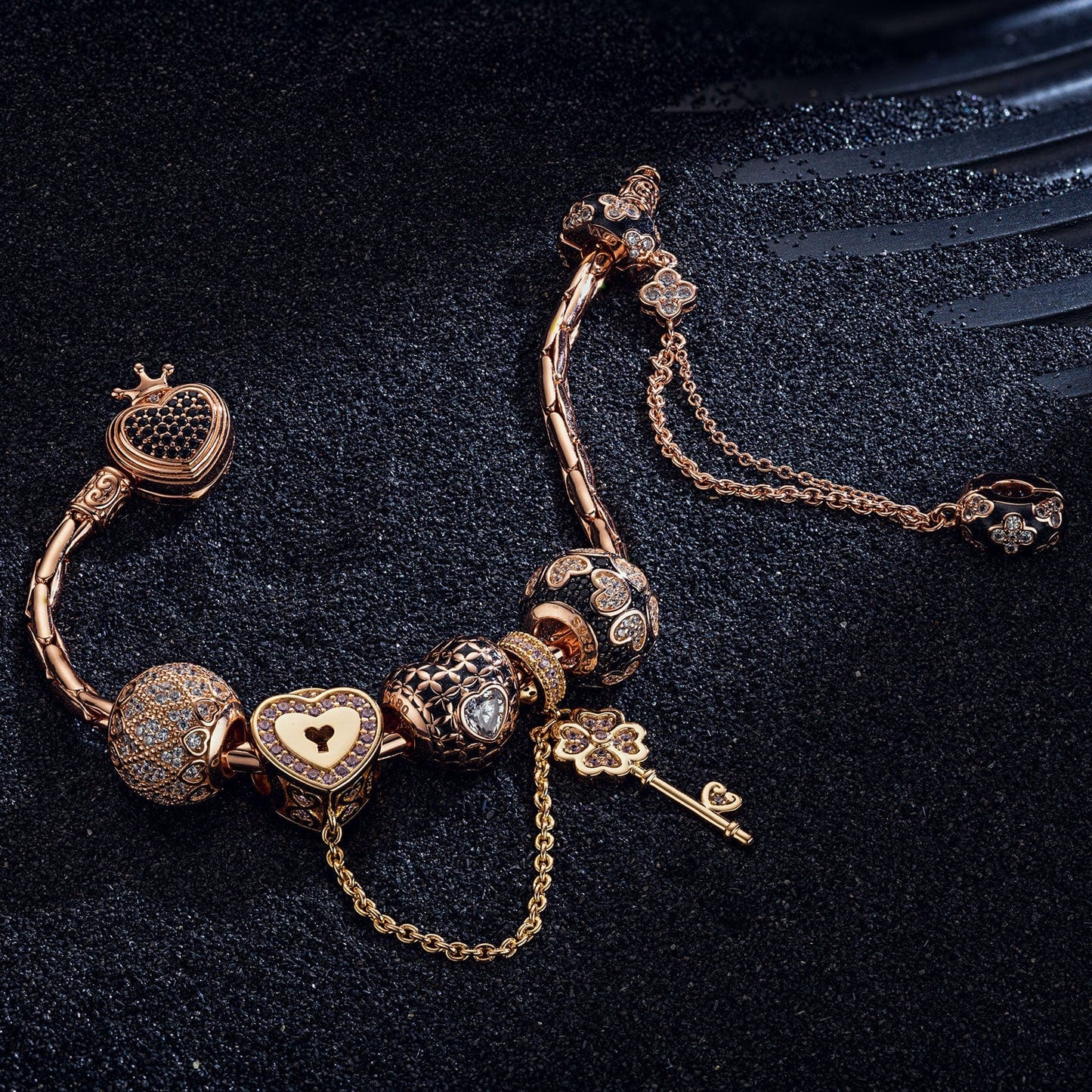 Sterling Silver Valentine's Day Charms Bracelet Set With Enamel In Rose Gold Plated (Includes bracelet and all charms shown)