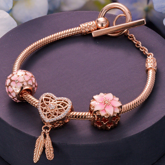 gon- Pink Lovers Tarnish-resistant Silver Charms Bracelet Set With Enamel In Rose Gold Plated