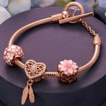 Pink Lovers Tarnish-resistant Silver Charms Bracelet Set With Enamel In Rose Gold Plated (Includes bracelet and all charms shown)