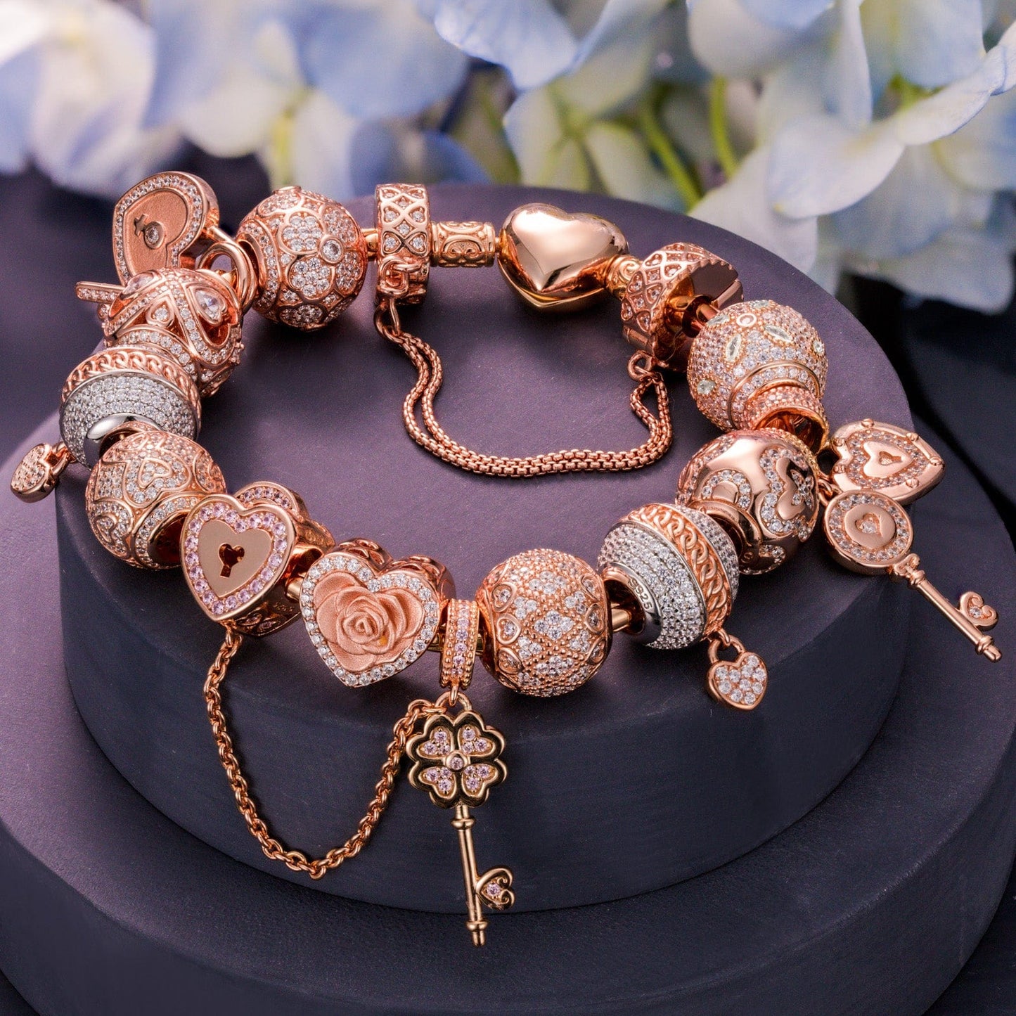 Sterling Silver Rose in the Heart Charms Bracelet Set In Rose Gold Plated