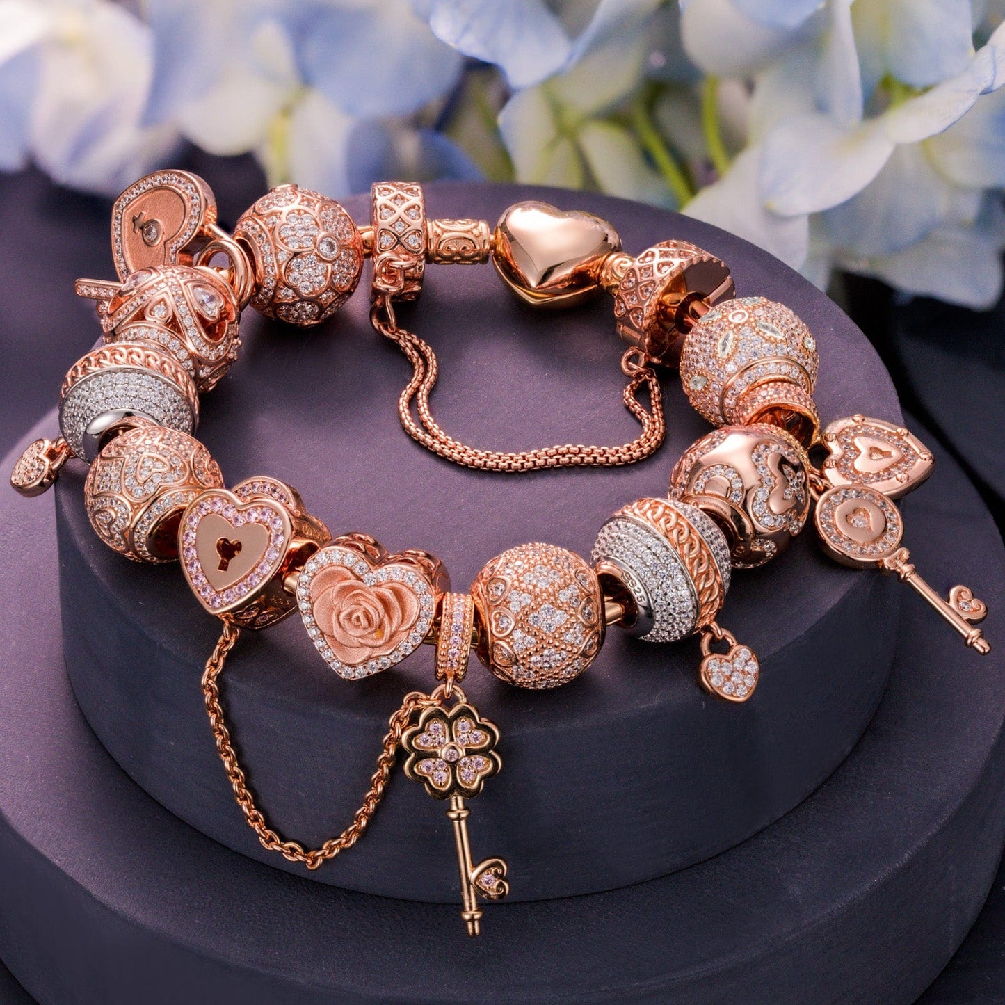 Sterling Silver Rose in the Heart Charms Bracelet Set In Rose Gold Plated (Includes bracelet and all charms shown)