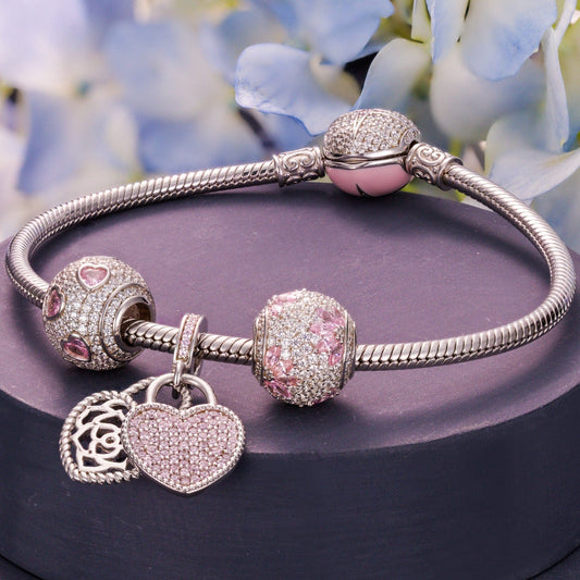 gon- Sterling Silver Secretly Love Charms Bracelet Set With Enamel In White Gold Plated