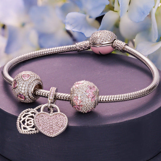 gona- Sterling Silver Secretly Love Charms Bracelet Set With Enamel In White Gold Plated (Includes bracelet and all charms shown)