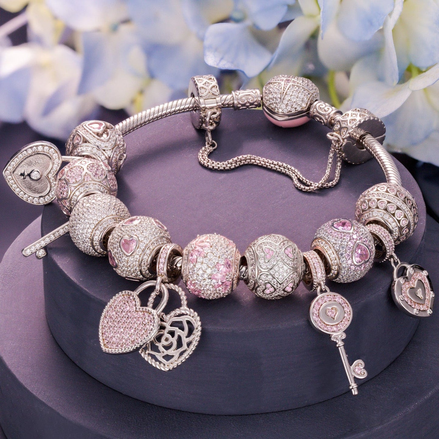 Sterling Silver Romantic Rose Clover Charms Bracelet Set In White Gold Plated (Includes bracelet and all charms shown)