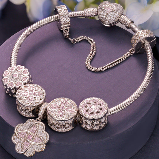 gon- Sterling Silver Lucky Clover Charms Bracelet Set With Enamel In White Gold Plated
