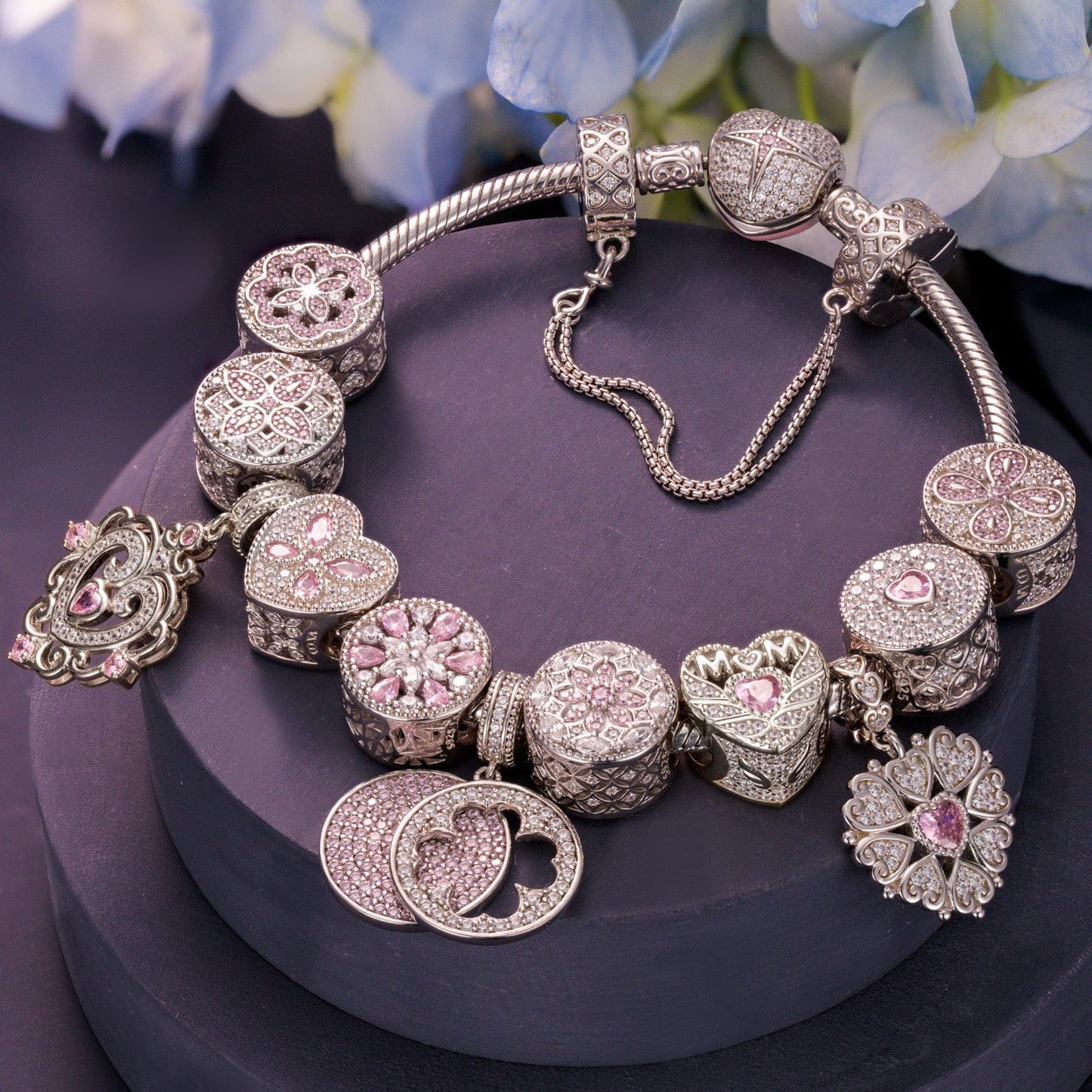 Sterling Silver Love Blossom Charms Bracelet Set In White Gold Plated (Includes bracelet and all charms shown)