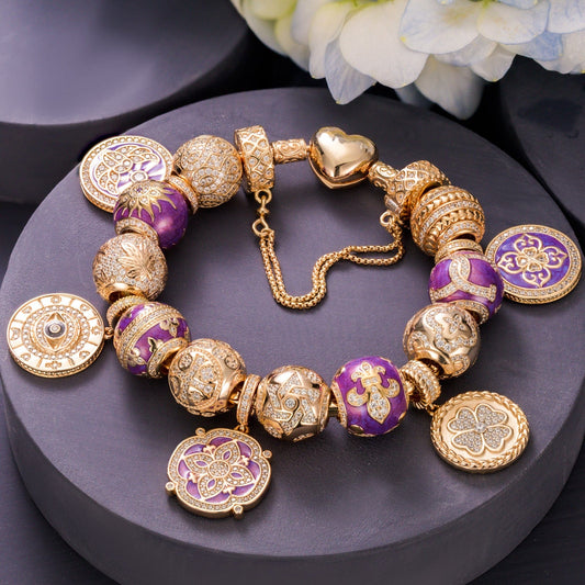 gon- Sterling Silver Purple Romantic Charms Bracelet Set With Enamel In 14K Gold Plated