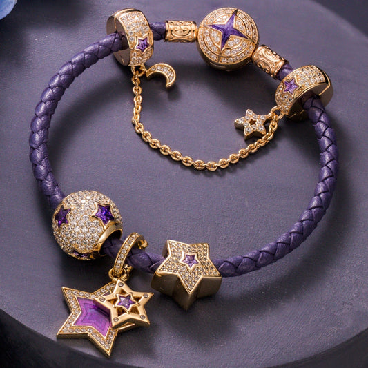 gon- Purple Star Tarnish-resistant Silver Charms Bracelet Set With Enamel In 14K Gold Plated