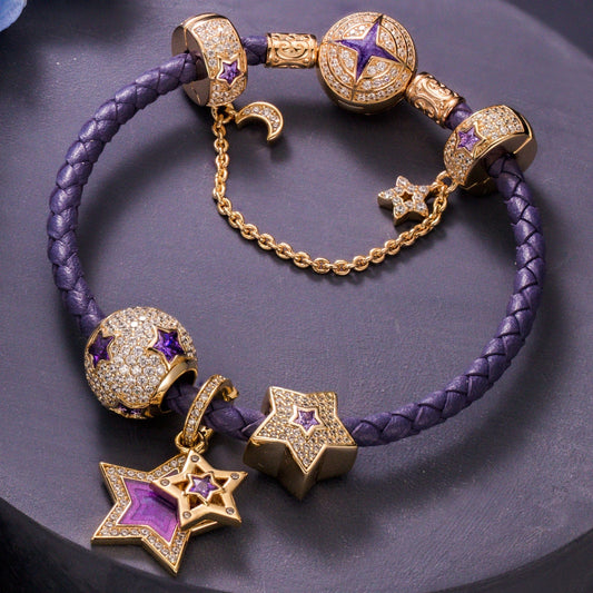 gona- Purple Star Tarnish-resistant Silver Charms Bracelet Set With Enamel In 14K Gold Plated (Includes bracelet and all charms shown)