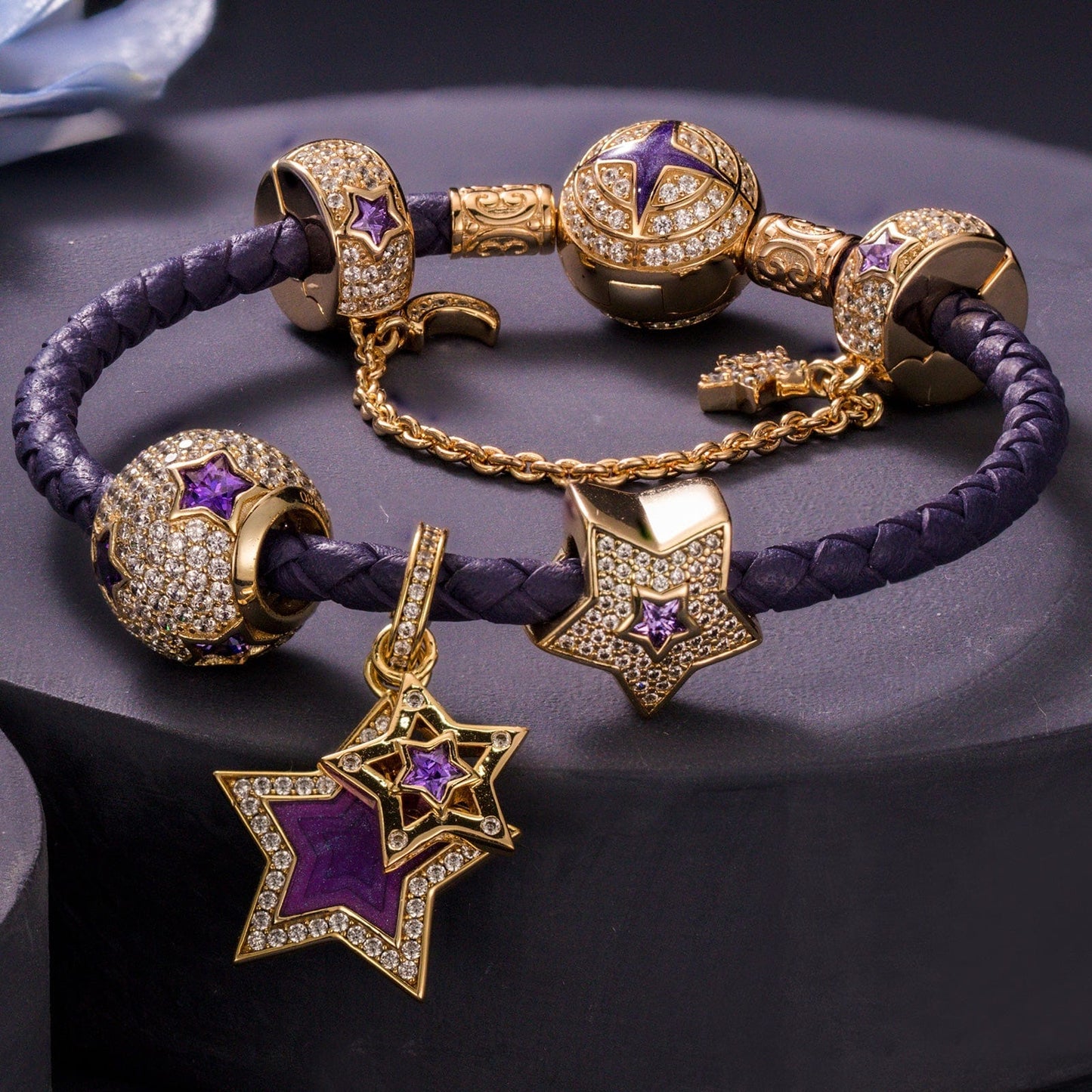 Purple Star Tarnish-resistant Silver Charms Bracelet Set With Enamel In 14K Gold Plated