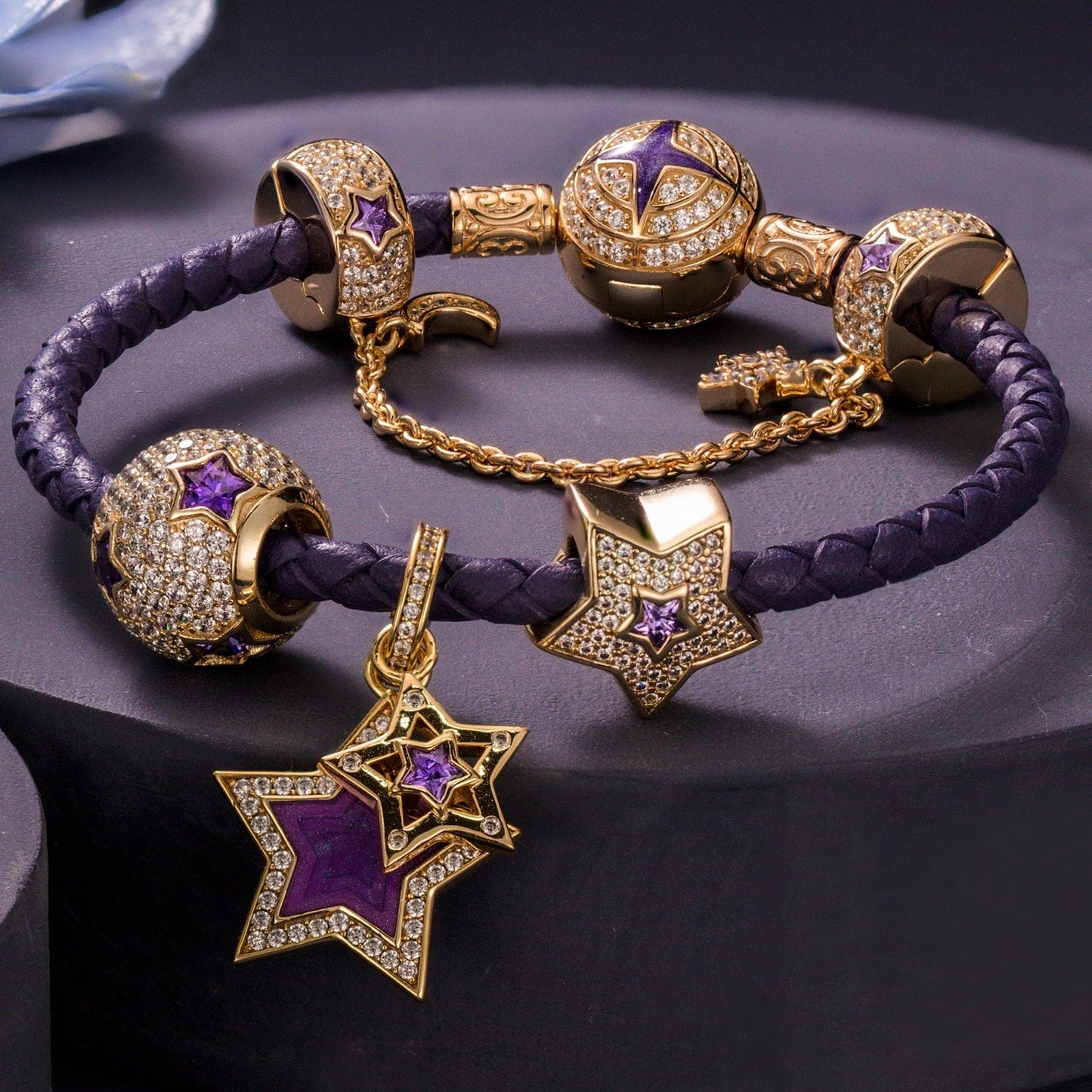 Purple Star Tarnish-resistant Silver Charms Bracelet Set With Enamel In 14K Gold Plated (Includes bracelet and all charms shown)