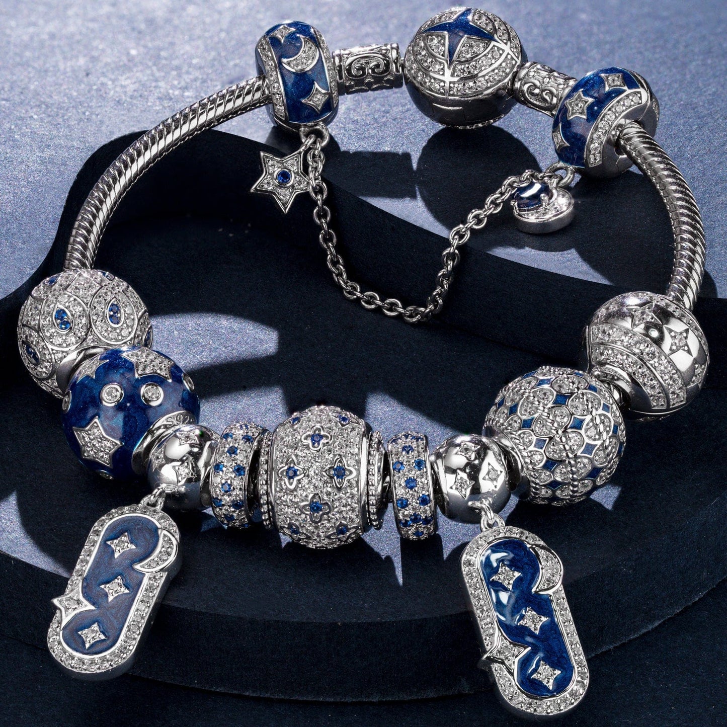 Sterling Silver Dazzling Stardust Charms Bracelet Set With Enamel In White Gold Plated