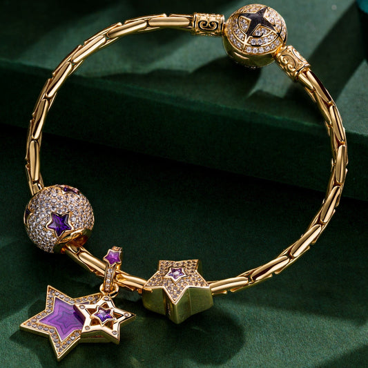 gona- Sterling Silver Purple Star Charms Bracelet Set With Enamel In 14K Gold Plated (Includes bracelet and all charms shown)